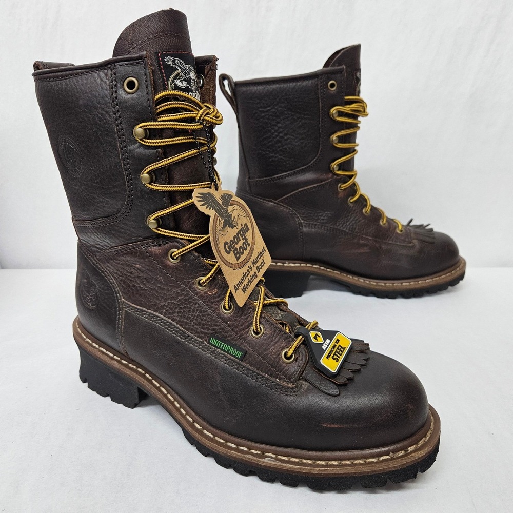 Georgia Boot Logger Work Boots Waterproof Steel Toe G7313 Brown Leather Mens 8.5